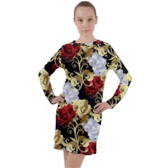 Roses Seamless Pattern Floral Long Sleeve Hoodie Dress