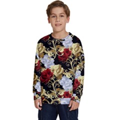 Roses Seamless Pattern Floral Kids  Crewneck Sweatshirt by Loisa77