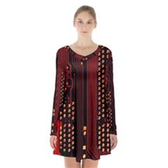 Red Circuit Board Texture Red Circuit Digital Texture Circuit Board Red Technology Long Sleeve Velvet V-neck Dress