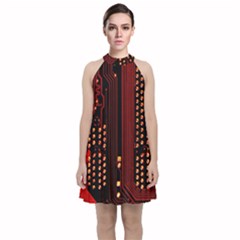 Red Circuit Board Texture Red Circuit Digital Texture Circuit Board Red Technology Velvet Halter Neckline Dress 