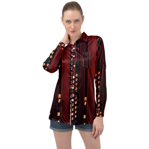 Red Circuit Board Texture Red Circuit Digital Texture Circuit Board Red Technology Long Sleeve Satin Shirt by Loisa77