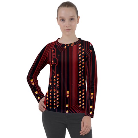 Red Circuit Board Texture Red Circuit Digital Texture Circuit Board Red Technology Women s Long Sleeve Raglan T-shirt by Loisa77