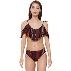 Red Circuit Board Texture Red Circuit Digital Texture Circuit Board Red Technology Ruffle Edge Tie Up Bikini Set	 by Loisa77