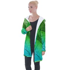 3d Leaves Texture Sheet Blue Green Longline Hooded Cardigan by Cemarart