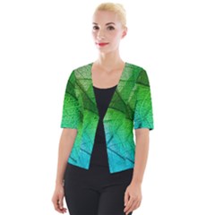 3d Leaves Texture Sheet Blue Green Cropped Button Cardigan by Cemarart