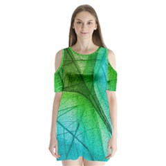 3d Leaves Texture Sheet Blue Green Shoulder Cutout Velvet One Piece