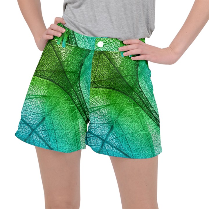 3d Leaves Texture Sheet Blue Green Women s Ripstop Shorts