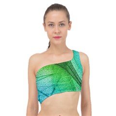 3d Leaves Texture Sheet Blue Green Spliced Up Bikini Top  by Cemarart