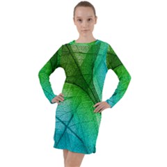 3d Leaves Texture Sheet Blue Green Long Sleeve Hoodie Dress