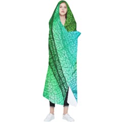 3d Leaves Texture Sheet Blue Green Wearable Blanket by Cemarart