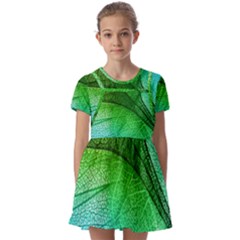 3d Leaves Texture Sheet Blue Green Kids  Short Sleeve Pinafore Style Dress by Cemarart