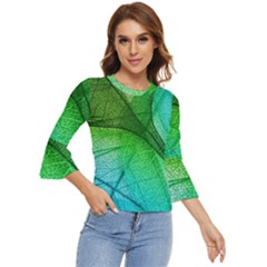 3d Leaves Texture Sheet Blue Green Bell Sleeve Top