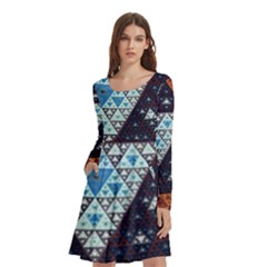 Fractal Triangle Geometric Abstract Pattern Long Sleeve Knee Length Skater Dress With Pockets by Cemarart