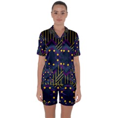 Line Square Pattern Violet Blue Yellow Design Satin Short Sleeve Pajamas Set by Ravend