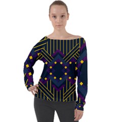 Line Square Pattern Violet Blue Yellow Design Off Shoulder Long Sleeve Velour Top by Ravend