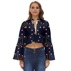 Line Square Pattern Violet Blue Yellow Design Boho Long Bell Sleeve Top by Ravend