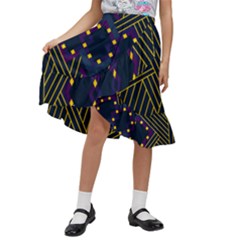 Line Square Pattern Violet Blue Yellow Design Kids  Ruffle Flared Wrap Midi Skirt by Ravend