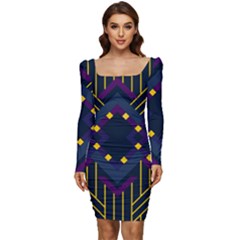 Line Square Pattern Violet Blue Yellow Design Women Long Sleeve Ruched Stretch Jersey Dress by Ravend