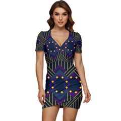 Line Square Pattern Violet Blue Yellow Design Low Cut Cap Sleeve Mini Dress by Ravend