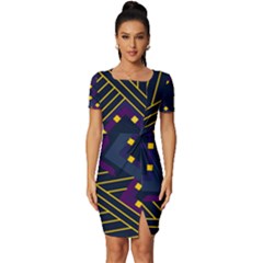 Line Square Pattern Violet Blue Yellow Design Fitted Knot Split End Bodycon Dress by Ravend