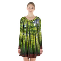 Green Forest Jungle Trees Nature Sunny Long Sleeve Velvet V-neck Dress