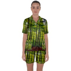 Green Forest Jungle Trees Nature Sunny Satin Short Sleeve Pajamas Set by Ravend