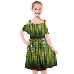 Green Forest Jungle Trees Nature Sunny Kids  Cut Out Shoulders Chiffon Dress by Ravend