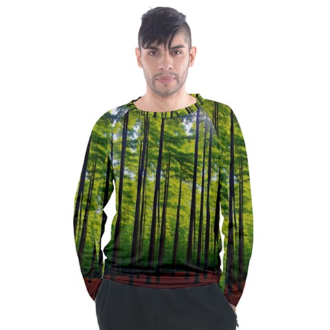 Green Forest Jungle Trees Nature Sunny Men s Long Sleeve Raglan T-shirt by Ravend