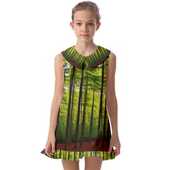 Green Forest Jungle Trees Nature Sunny Kids  Pilgrim Collar Ruffle Hem Dress by Ravend