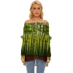 Green Forest Jungle Trees Nature Sunny Off Shoulder Chiffon Pocket Shirt by Ravend