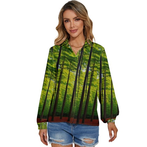 Green Forest Jungle Trees Nature Sunny Women s Long Sleeve Button Up Shirt by Ravend