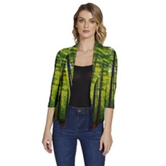 Green Forest Jungle Trees Nature Sunny Women s Draped Front 3/4 Sleeve Shawl Collar Jacket by Ravend