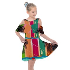 Digital Graphic Clip Art Beach Kids  Shoulder Cutout Chiffon Dress by Proyonanggan