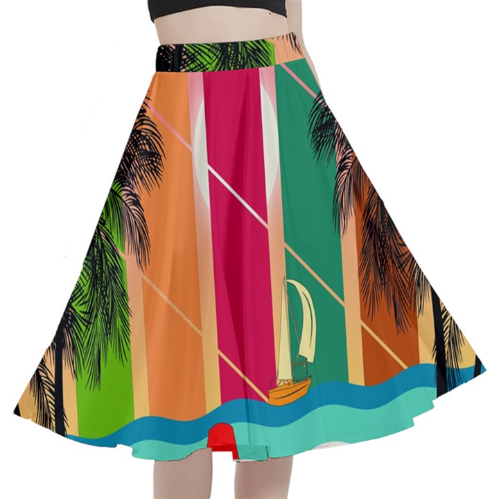 Digital Graphic Clip Art Beach A-Line Full Circle Midi Skirt With Pocket