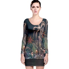 Firework Fireworks Display Lake Long Sleeve Velvet Bodycon Dress