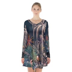 Firework Fireworks Display Lake Long Sleeve Velvet V-neck Dress