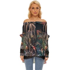 Firework Fireworks Display Lake Off Shoulder Chiffon Pocket Shirt by Proyonanggan