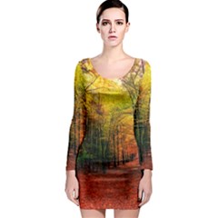 Forest Woods Autumn Nature Long Sleeve Bodycon Dress by Proyonanggan