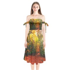 Forest Woods Autumn Nature Shoulder Tie Bardot Midi Dress by Proyonanggan