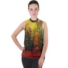 Forest Woods Autumn Nature Mock Neck Chiffon Sleeveless Top by Proyonanggan