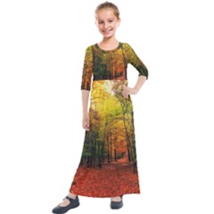 Forest Woods Autumn Nature Kids  Quarter Sleeve Maxi Dress by Proyonanggan