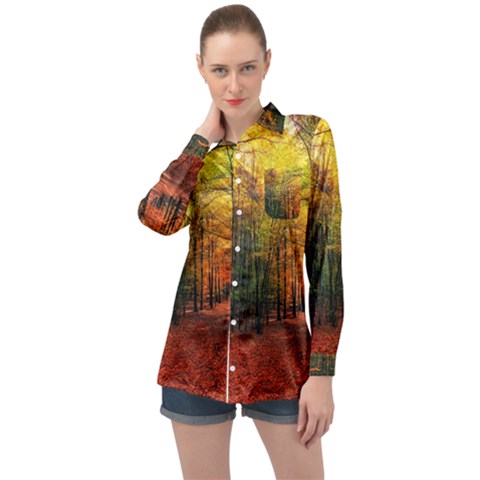 Forest Woods Autumn Nature Long Sleeve Satin Shirt by Proyonanggan