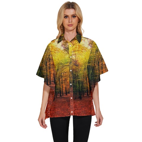 Forest Woods Autumn Nature Women s Batwing Button Up Shirt by Proyonanggan