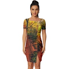 Forest Woods Autumn Nature Fitted Knot Split End Bodycon Dress by Proyonanggan