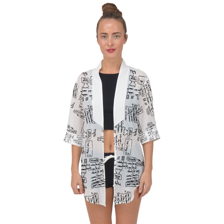 Blackboard Algorithms Black and White Pattern Open Front Chiffon Kimono