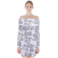 Blackboard Algorithms Black And White Pattern Long Sleeve Off Shoulder Dress by dflcprintsclothing