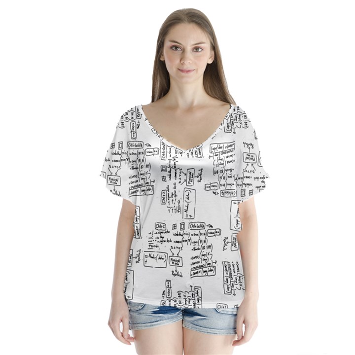 Blackboard Algorithms Black and White Pattern V-Neck Flutter Sleeve Top