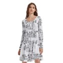 Blackboard Algorithms Black and White Pattern Long Sleeve Knee Length Skater Dress With Pockets View3