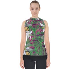 Illustrations Color Cat Flower Abstract Textures Mock Neck Shell Top