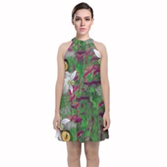 Illustrations Color Cat Flower Abstract Textures Velvet Halter Neckline Dress 